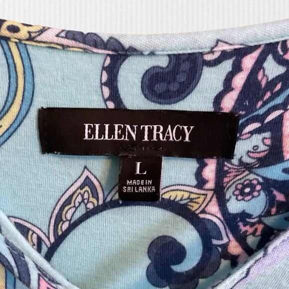 Ellen Tracy Dress Women's Size L Turquoise Blue Paisley Print Short Sleeve Mini - Picture 2 of 6